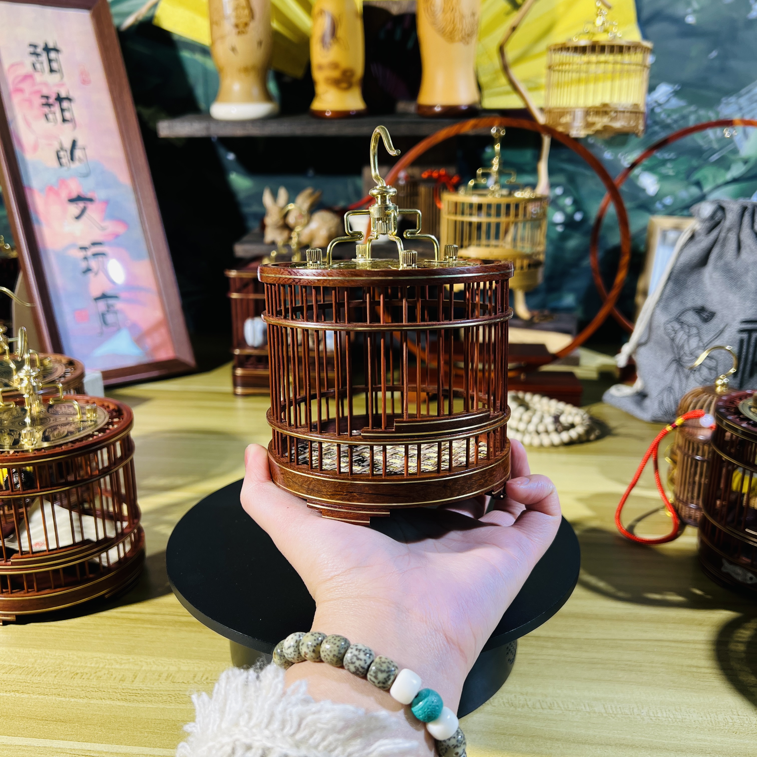小圆素款蝈蝈笼子红檀镶铜线