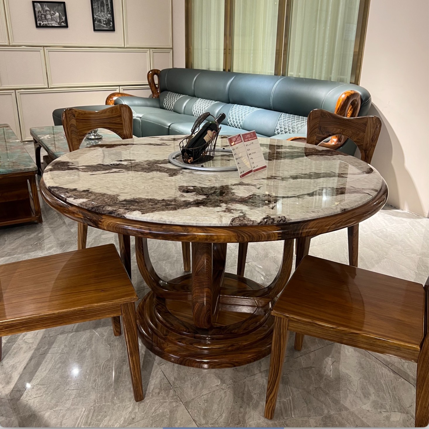 沫兰居高奢乌金木奢华餐厅圆餐桌带转盘旋转餐椅大理石可定制轻奢