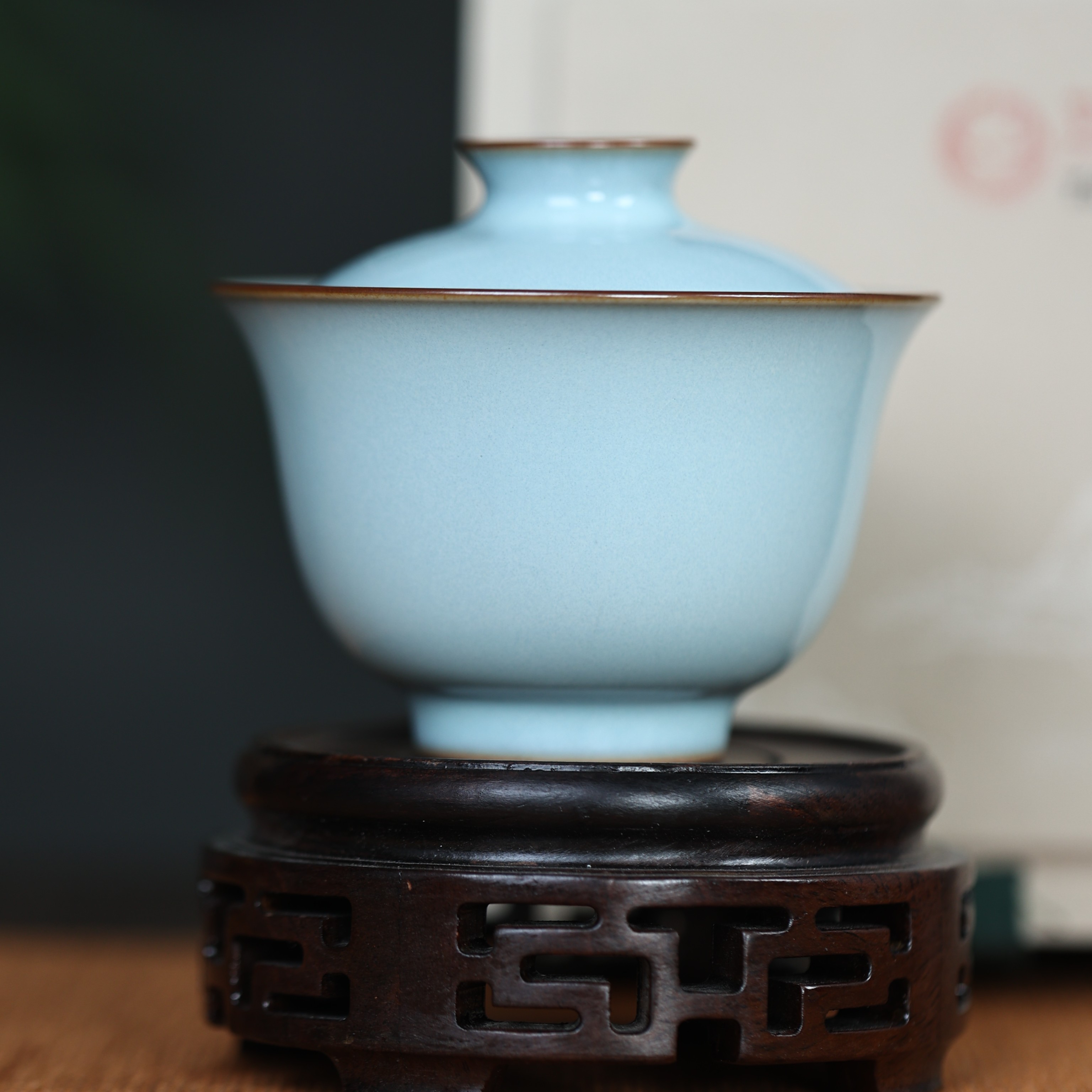 廷怀窑天青二才盖碗125ml汝窑汝瓷功夫茶具手工陶瓷泡茶可养开片