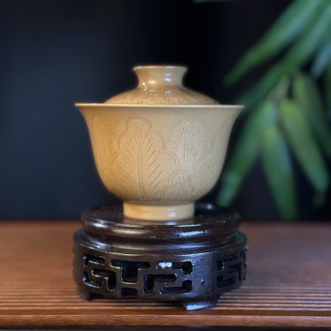 廷怀窑鳝黄釉黄河系列盖碗汝瓷不开片手工刻花功夫茶具
