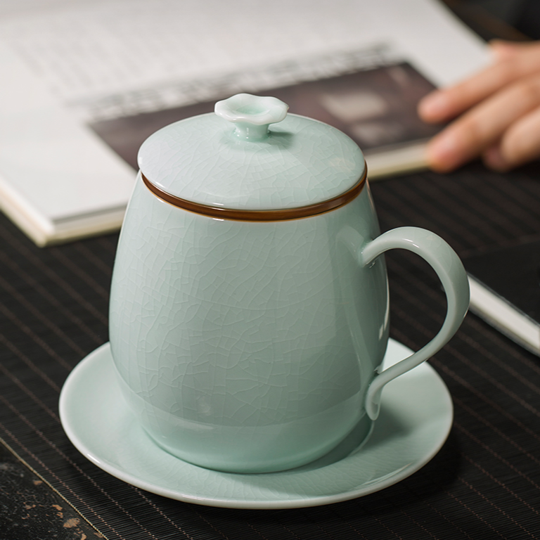 廷怀窑汝瓷【观莲杯】办公杯手工陶瓷过滤复古大号办公杯汝窑精品