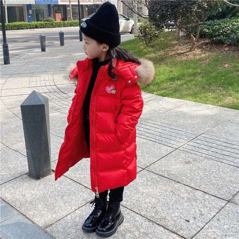 女童羽绒服中长款冬新款宝宝中小童白鸭绒加厚收腰大毛领外套