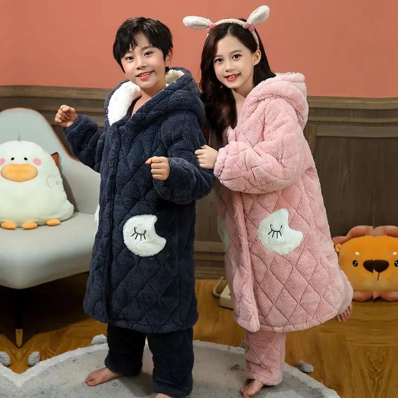 儿童睡衣冬季男孩法兰绒三层夹睡袍加厚珊瑚绒女孩中大童家居服