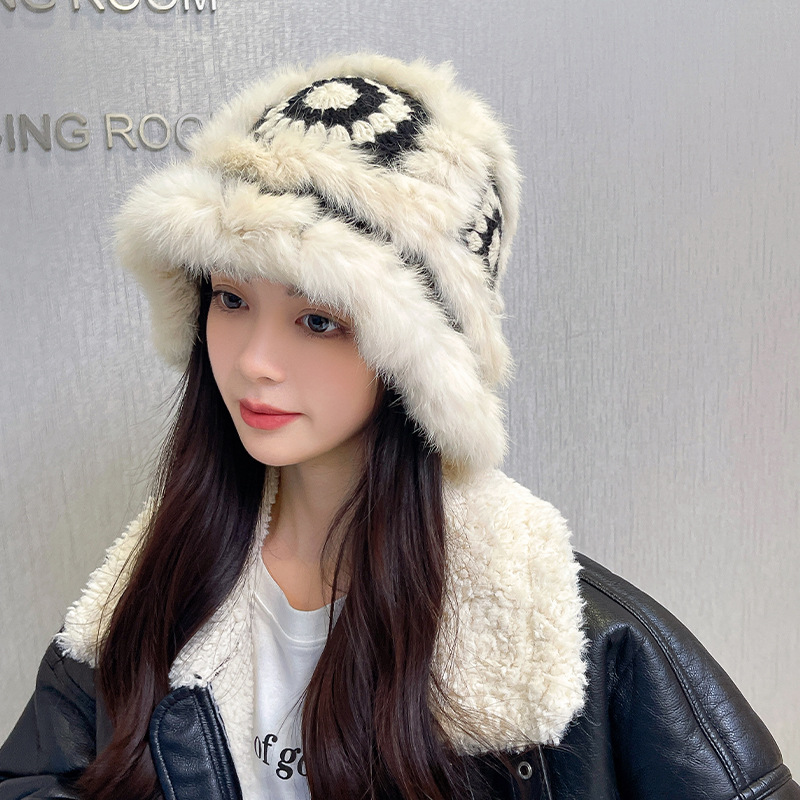 兔毛针织毛绒帽女秋冬季毛茸茸虎头醒狮渔夫帽可爱显脸小毛线帽子