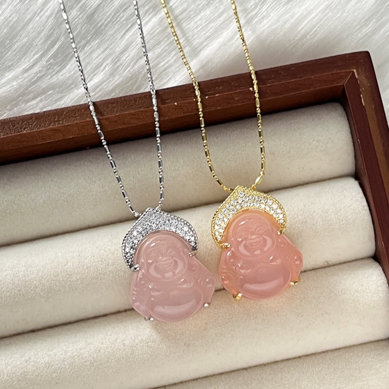 坠链均925银 纯银镶钻粉玛弥勒佛项链简约小众设计精致气质锁骨链