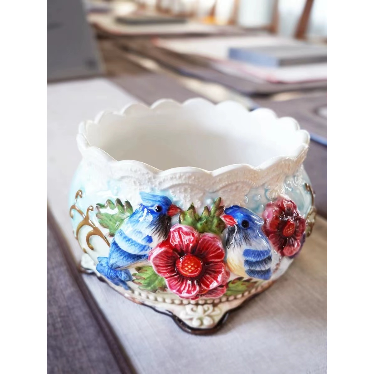 釉下彩陶瓷喜鹊杜鹃花双喜临门浮雕工艺中式装饰品