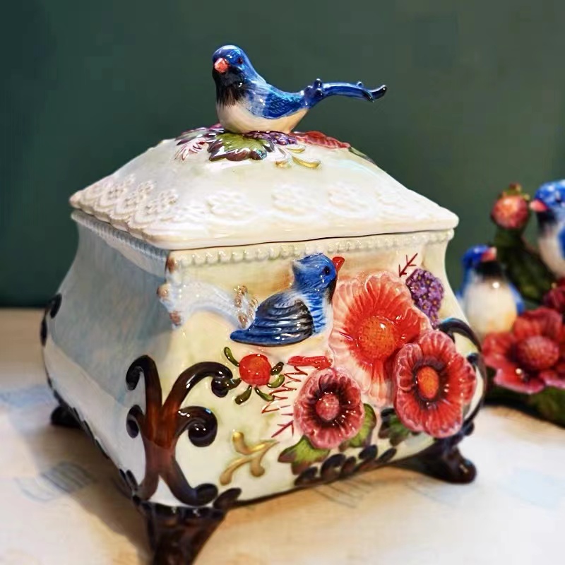 出口陶瓷喜鹊花鸟装饰密封罐家居多宝阁电视柜摆设釉下彩中式礼品