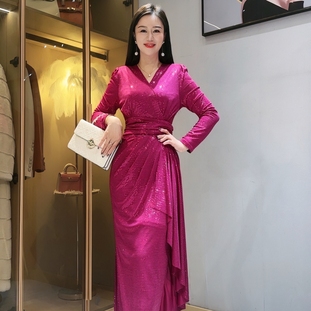 2023秋季新款法式亮片V领高端气质收腰加绒里衬连衣裙99026