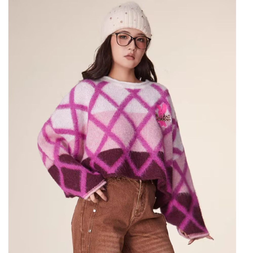 群力LALABOBO时尚圆领慵懒针织短款菱格毛衣LBCD-WSTM46