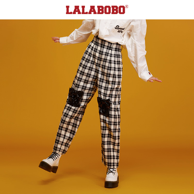武汉（不退不换）夏百搭时尚蝴蝶结格子亮片直筒休闲裤L21E-WXZC48