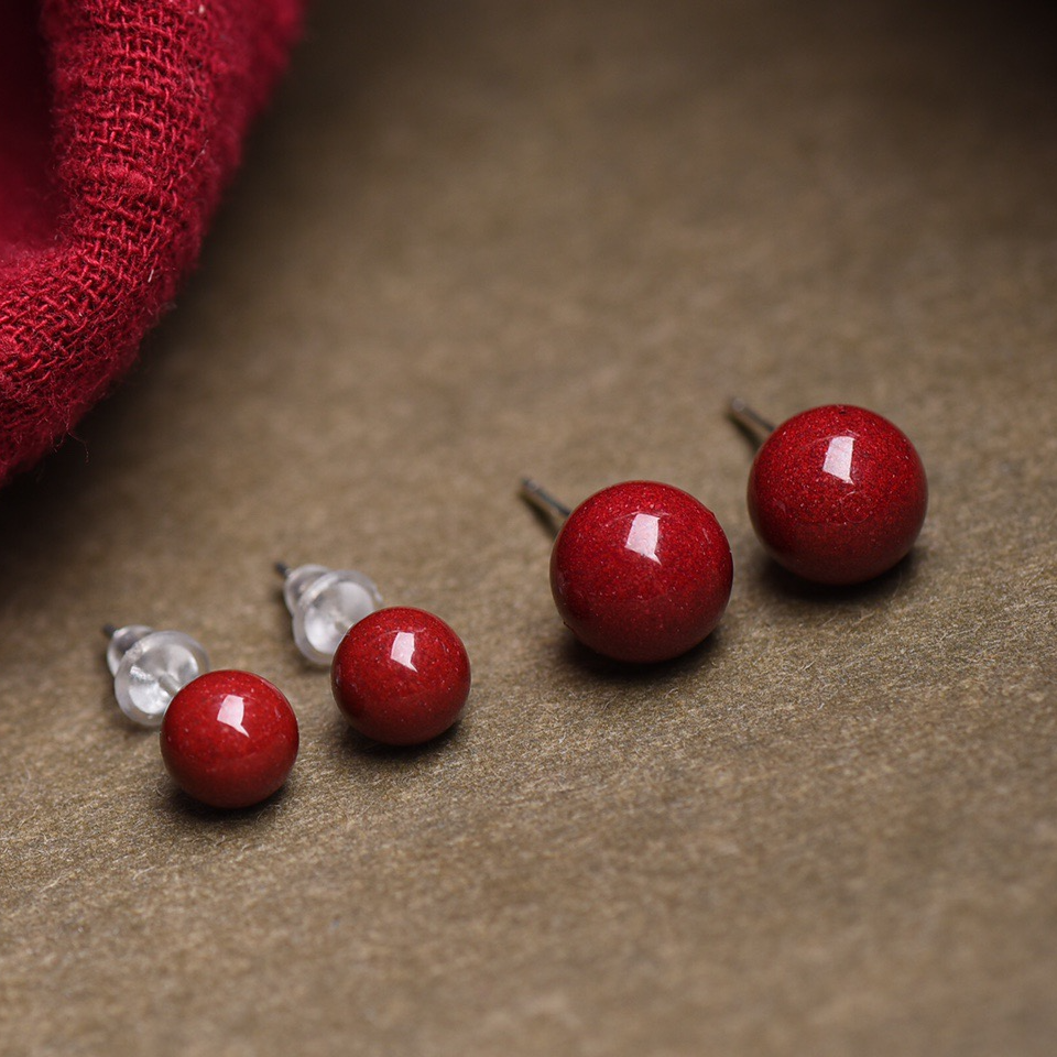 含辰砂工艺品高含量朱砂耳环紫金砂圆珠耳钉本命年百搭必备款耳饰