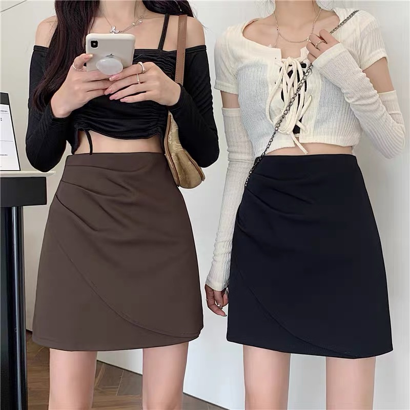 微胖mm高腰褶皱不规则A字半身裙女春秋女士防走光遮肚子包臀短裙