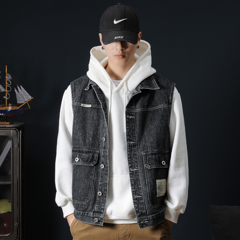 秋季潮牌复古工装坎肩牛仔衣男宽松百搭痞帅马甲背心无袖夹克外套