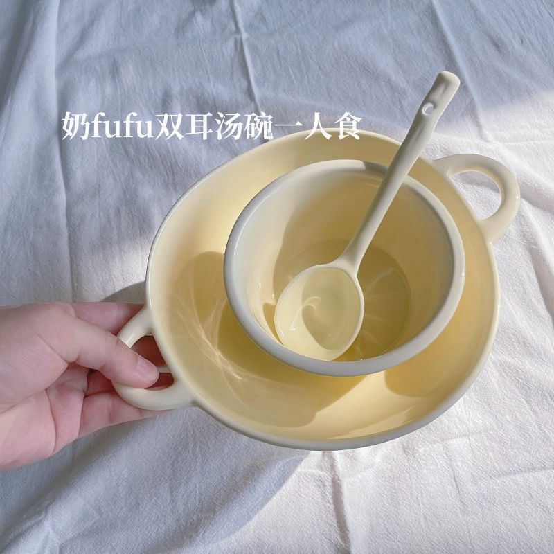 【3件套】奶fufu不规则双耳汤面碗釉下彩陶瓷碗泡面碗大容量带勺