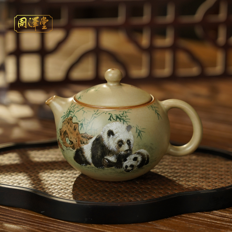 周泽堂汝窑茶壶手绘俏西施·宋风熊猫景德镇瓷器复古茶壶礼盒装