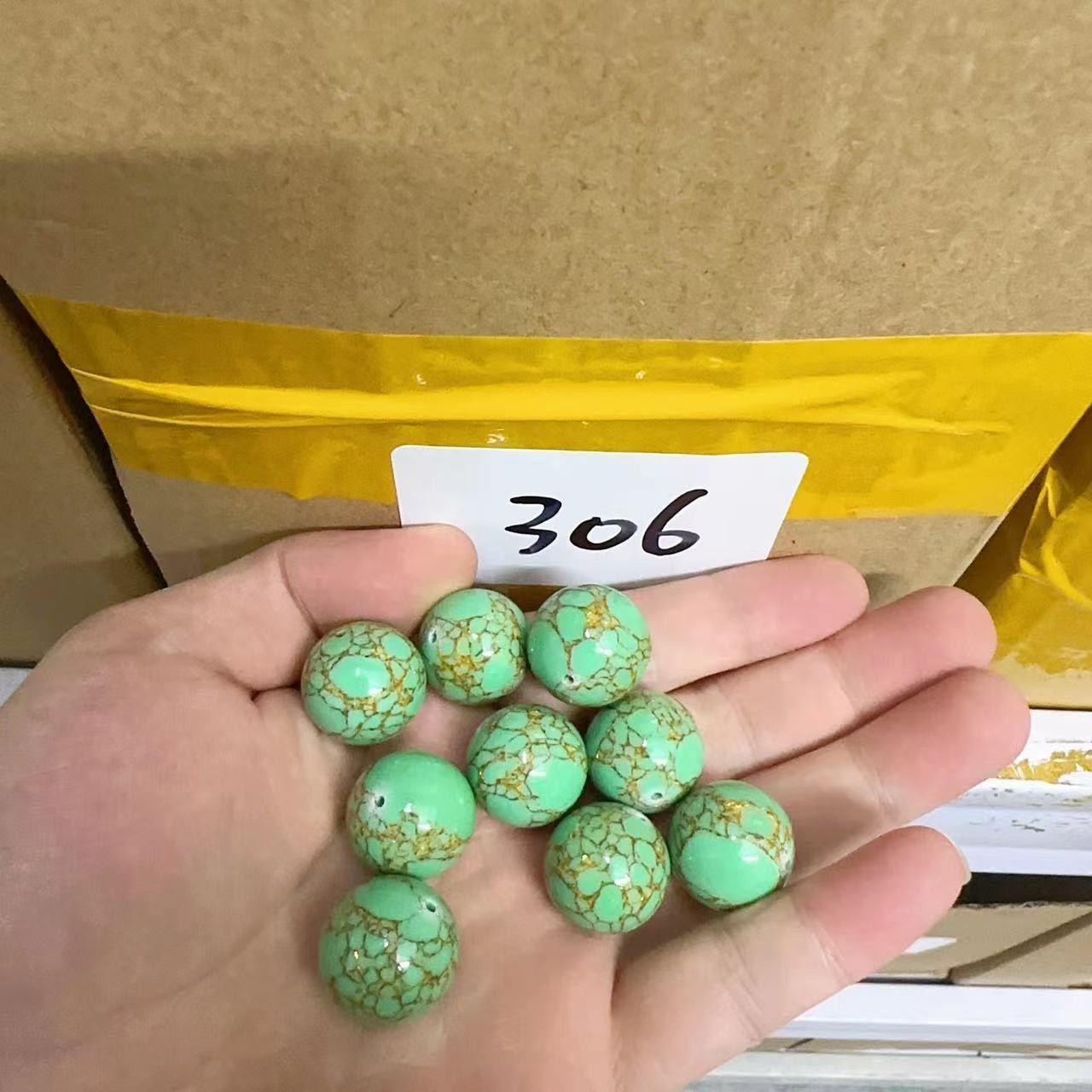 【人工处理】【306号卡18m单个发】果冻绿金线纹单颗圆珠散珠