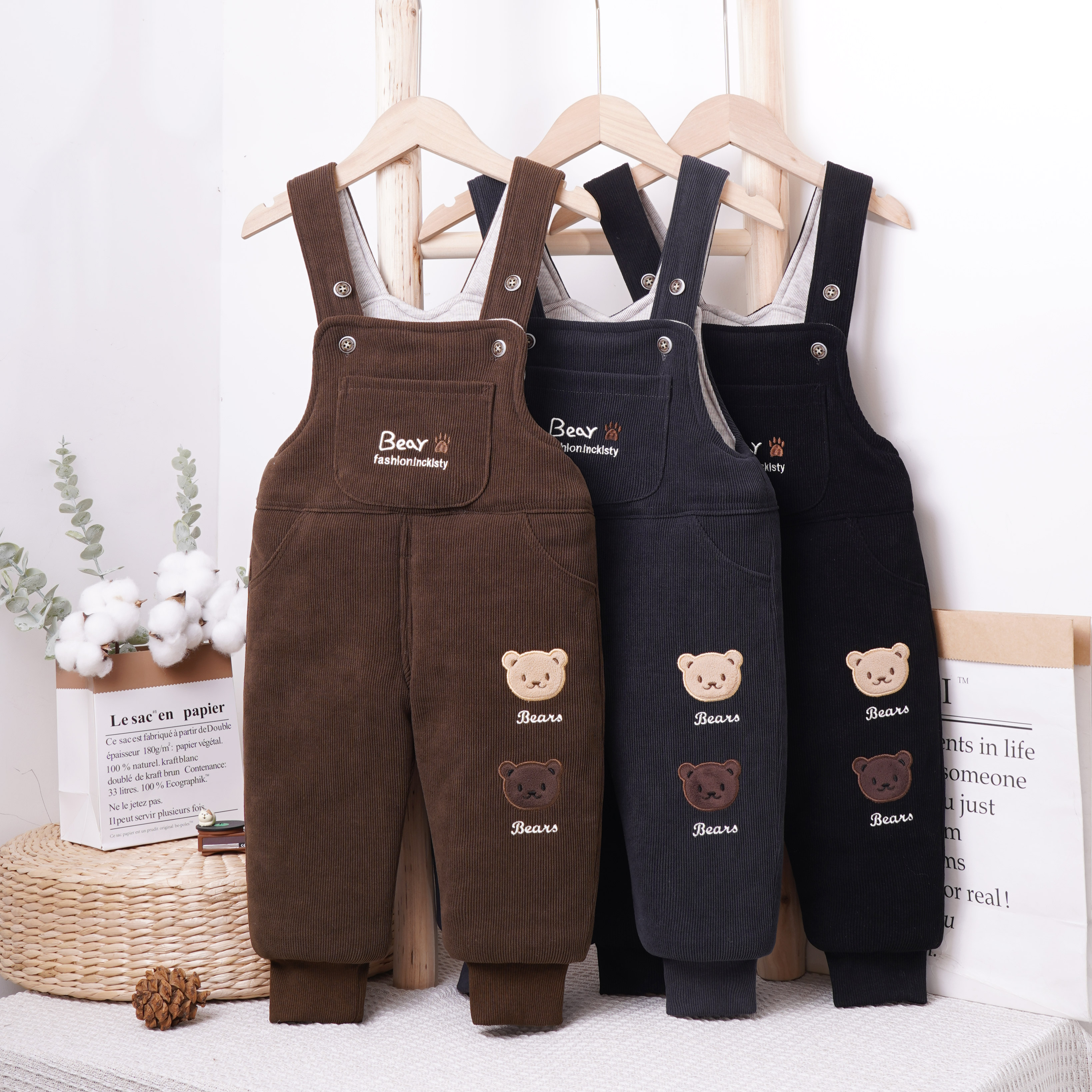 宝宝背带棉裤冬上新款两小熊男童女童夹棉加厚柔软儿童婴儿直筒裤