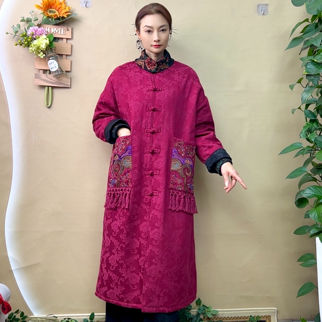 【正品保证】冬季棉麻加棉加厚民族风国风新中式保暖时尚绣花长外套