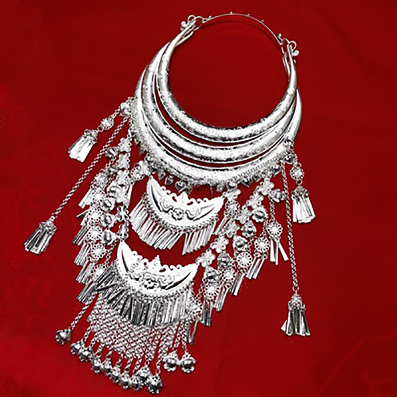 贵州苗族头饰帽子大项圈苗族新娘流苏帽子舞台民族风项链苗族银饰