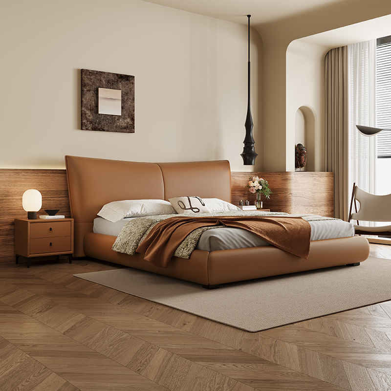 香奈尔真皮床头层牛皮现代简约高端大气轻奢主卧大床卧室床双人床