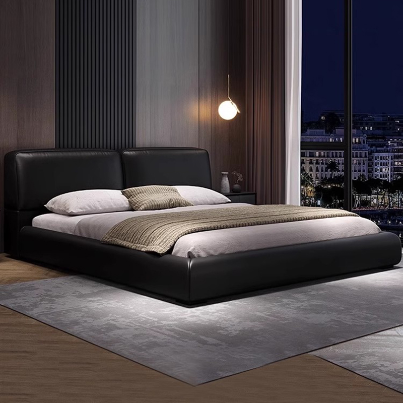 大黑牛头层牛皮床意式极简主卧高端大气婚床豆腐块双人床真皮床