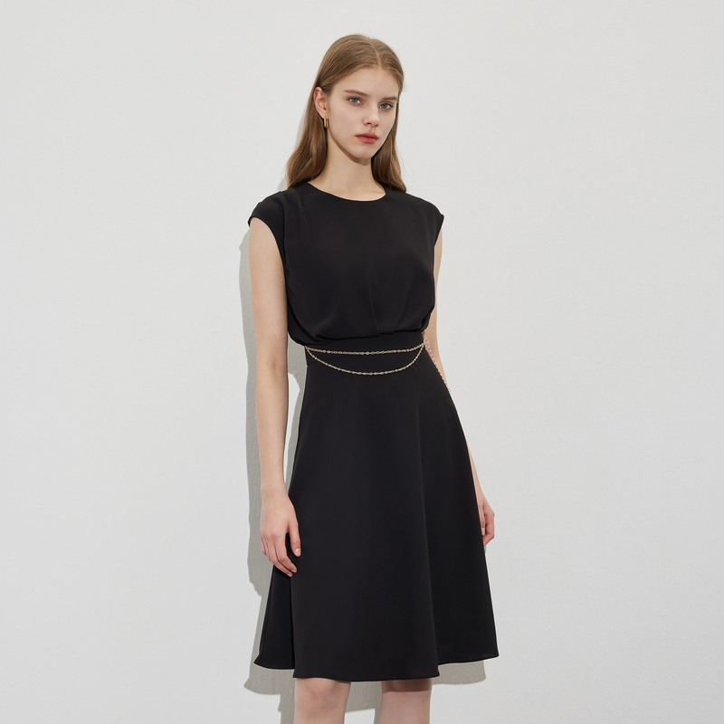 Scofield女装落肩袖裙子收腰舒适小黑裙2024夏度假穿搭高能感