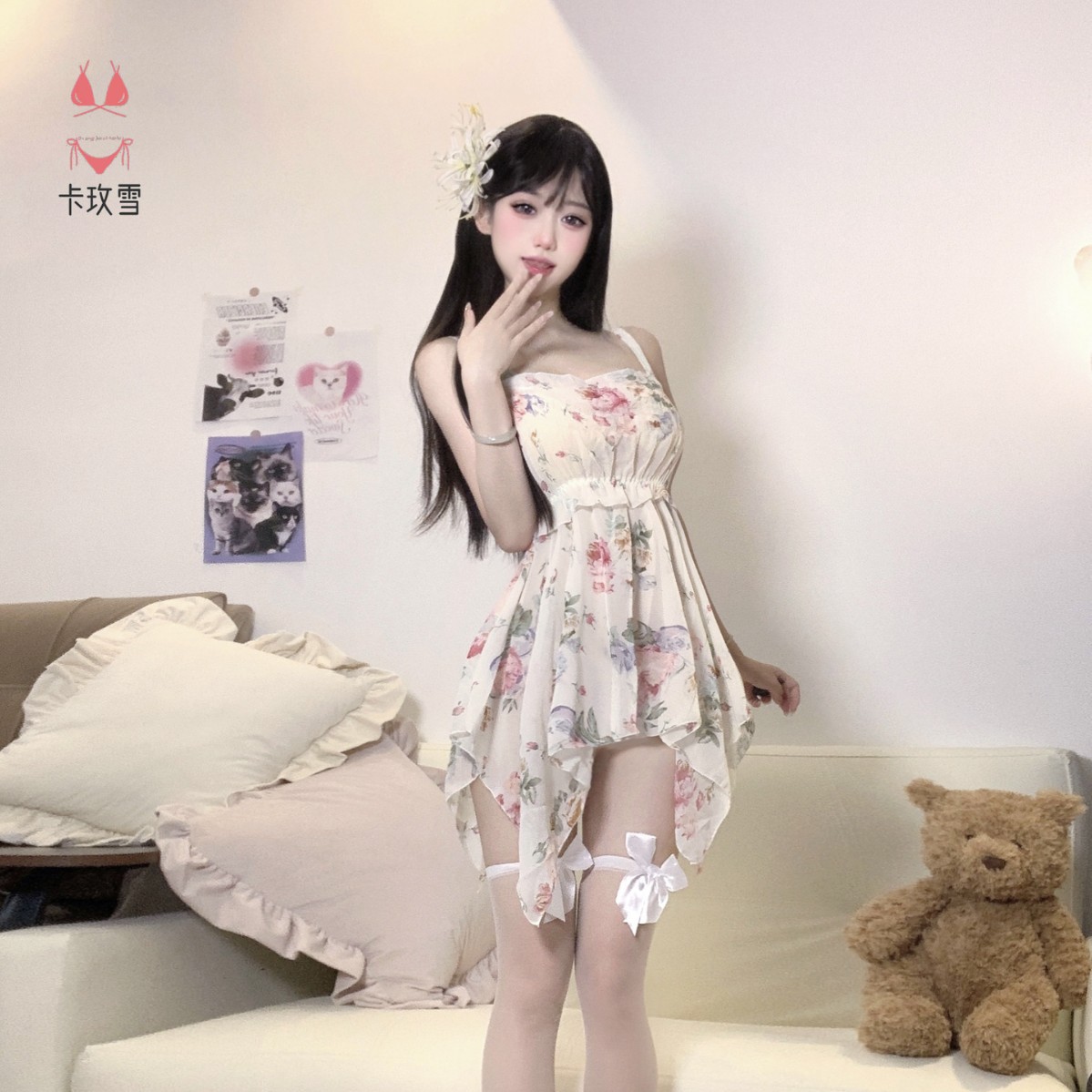 卡玫雪法式碎花连衣裙女2024新款高级感气质蓬蓬裙收腰小个子短裙