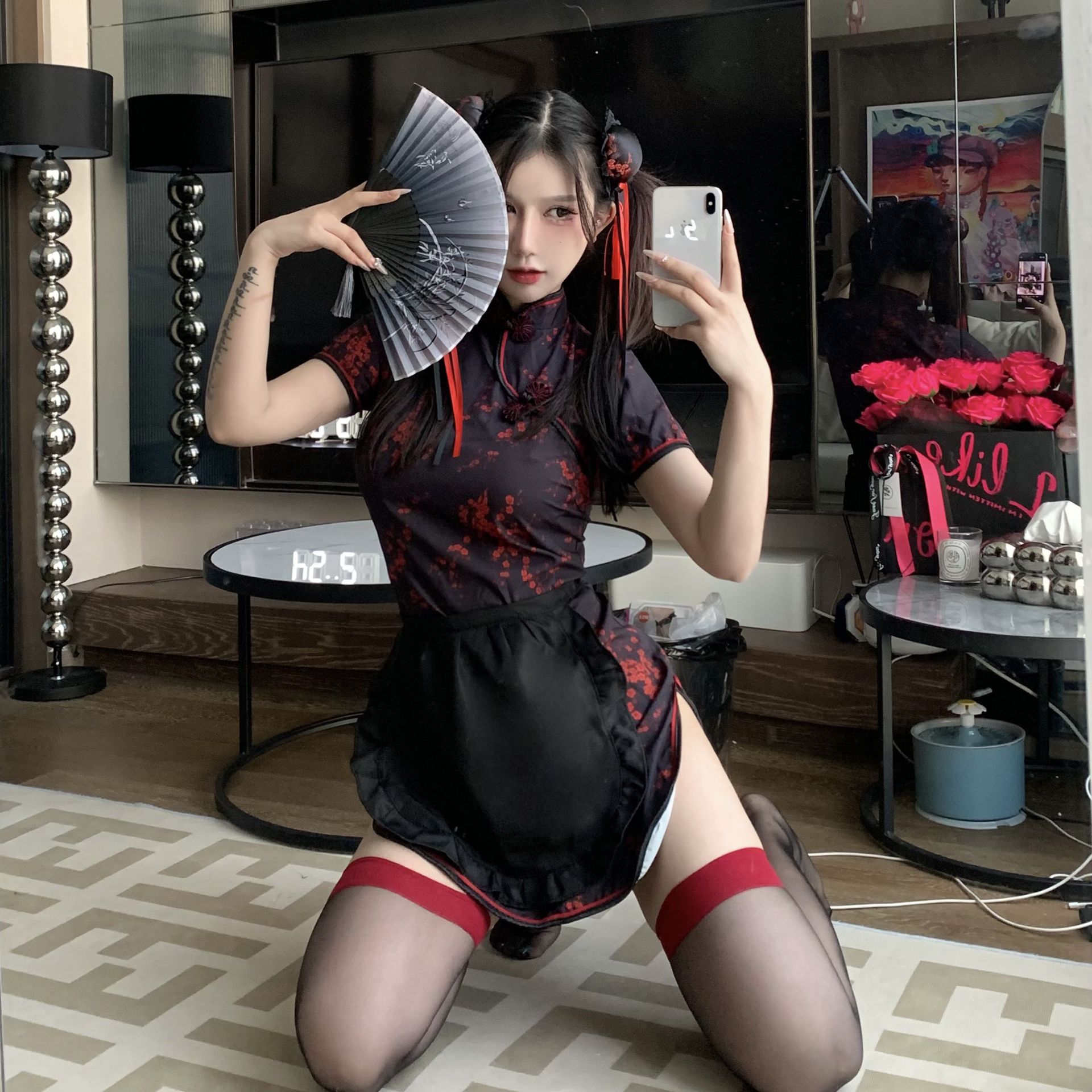 爱如如2024新款甜美纯欲气质印花女仆旗袍中华小厨娘氛围春丽套装