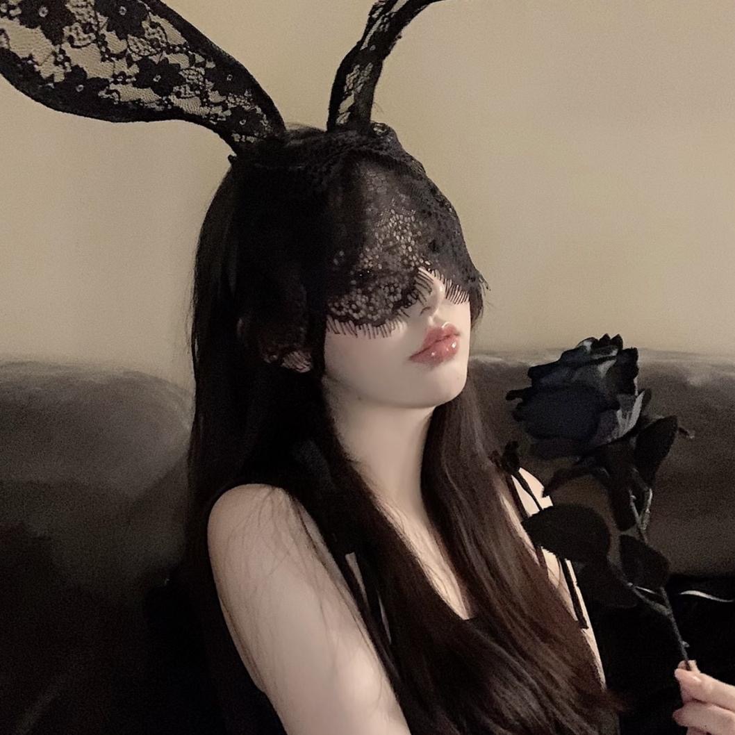 性感蕾丝兔耳朵发箍女网红主播发卡面纱可爱猫耳头箍面罩网纱发饰