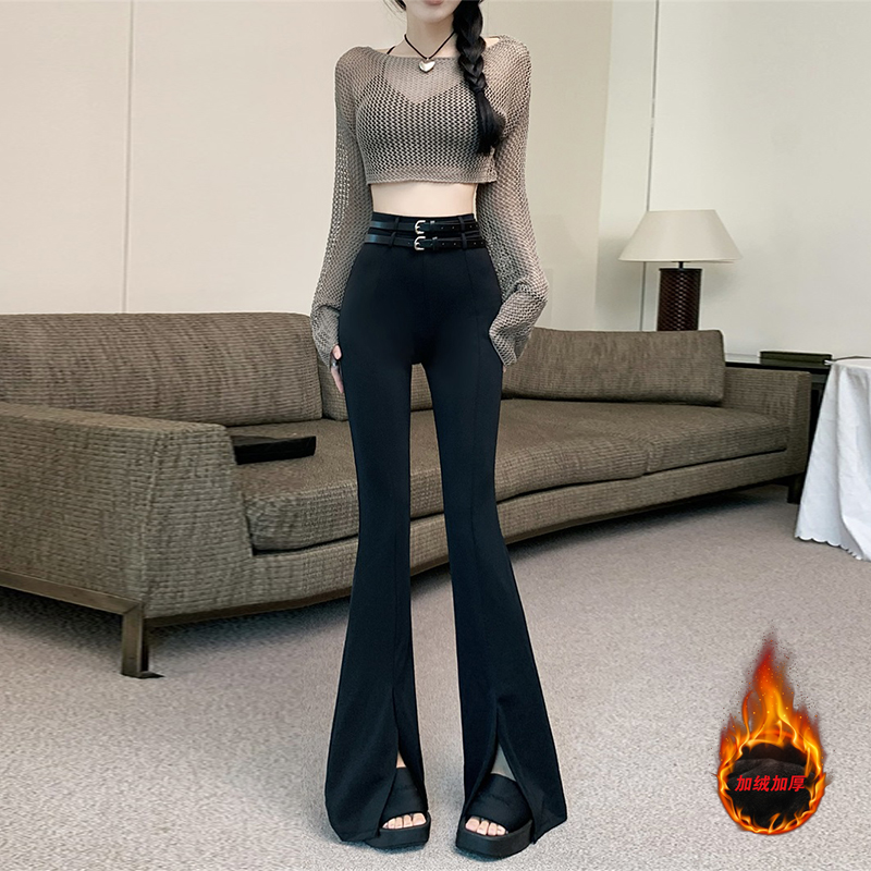 双腰带西装裤高级感垂感喇叭裤高腰显瘦女冬加绒加厚后拉链高腰裤