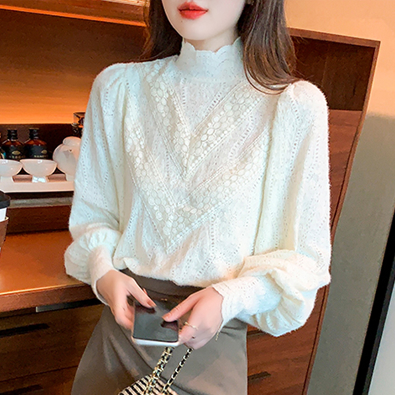 镂空蕾丝打底衫女2024春秋内搭半高领蕾丝上衣欧货洋气小衫高级感