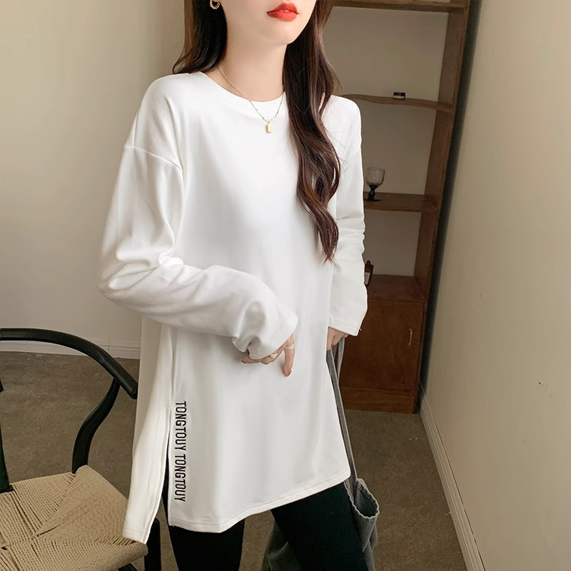 黛纺韩版简约风开叉打底衫女春秋刺绣中长款百搭长袖内搭上衣T恤