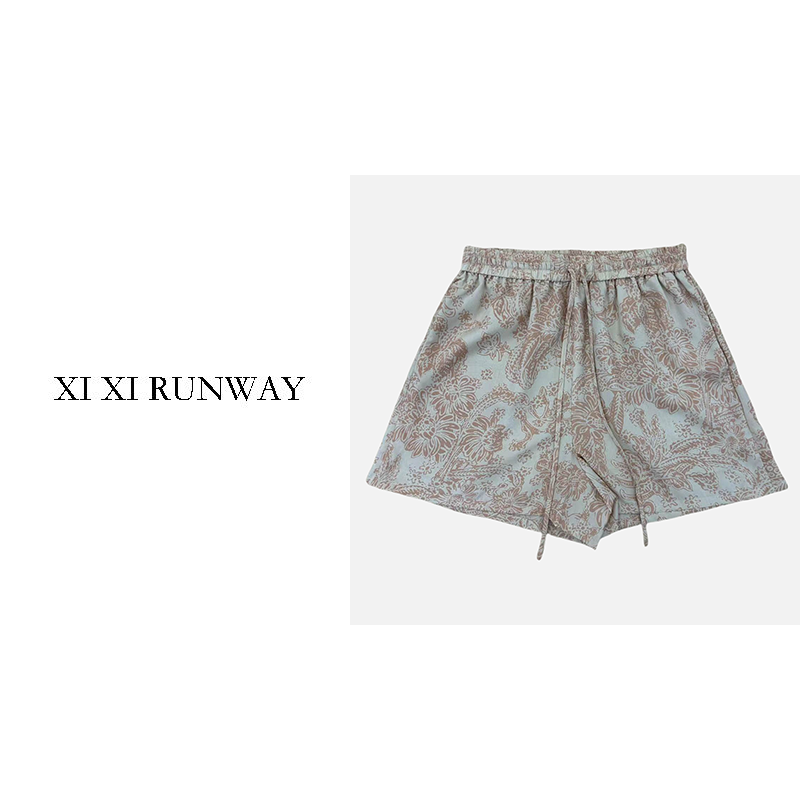  【XI XIRUNWAY】真丝印花松紧腰短裤