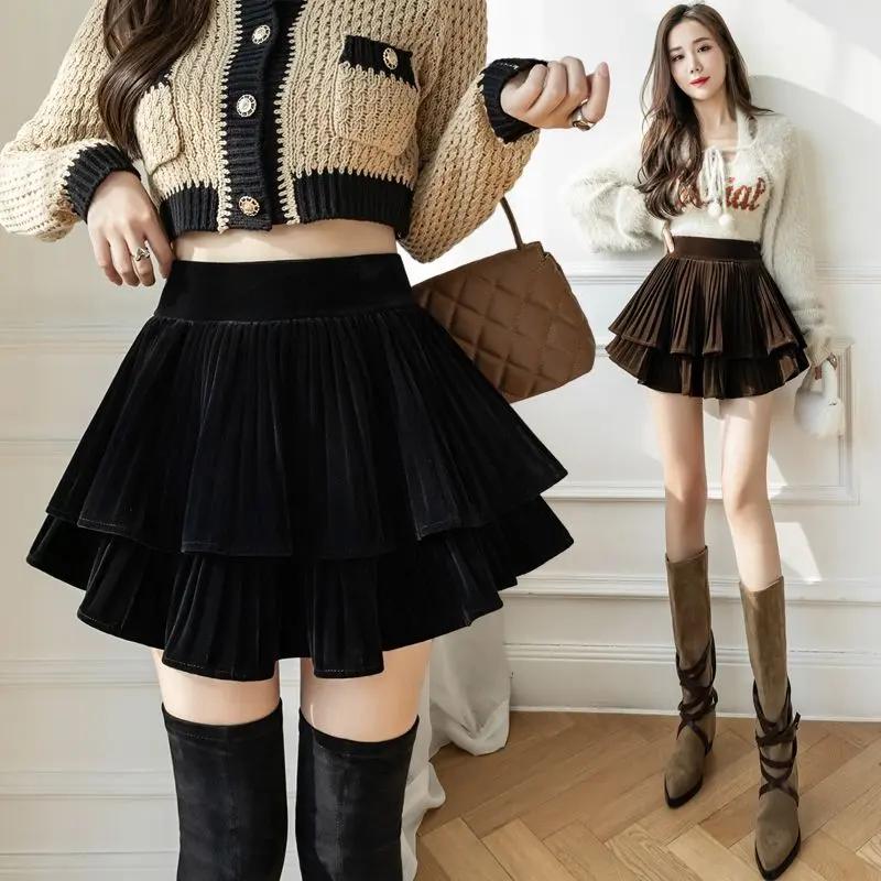 MM2023秋冬丝绒a字短裙双层蓬蓬裙伞裙裤裙显瘦蛋糕裙百褶赫本风