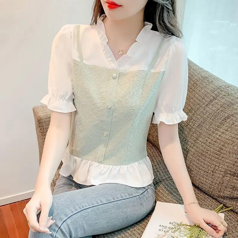 MM短袖衬衫夏季2023年新款设计感小众甜美法式V领假两件短款上衣
