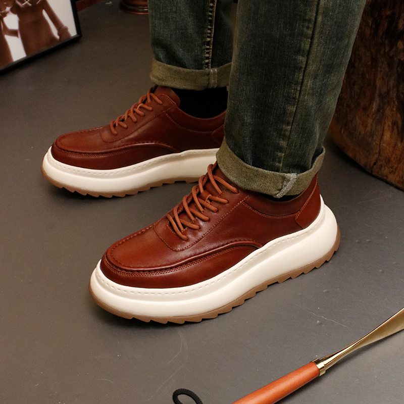 2024春季水洗头层马皮英伦运动休闲鞋皮鞋厚底低帮百搭时尚男潮鞋