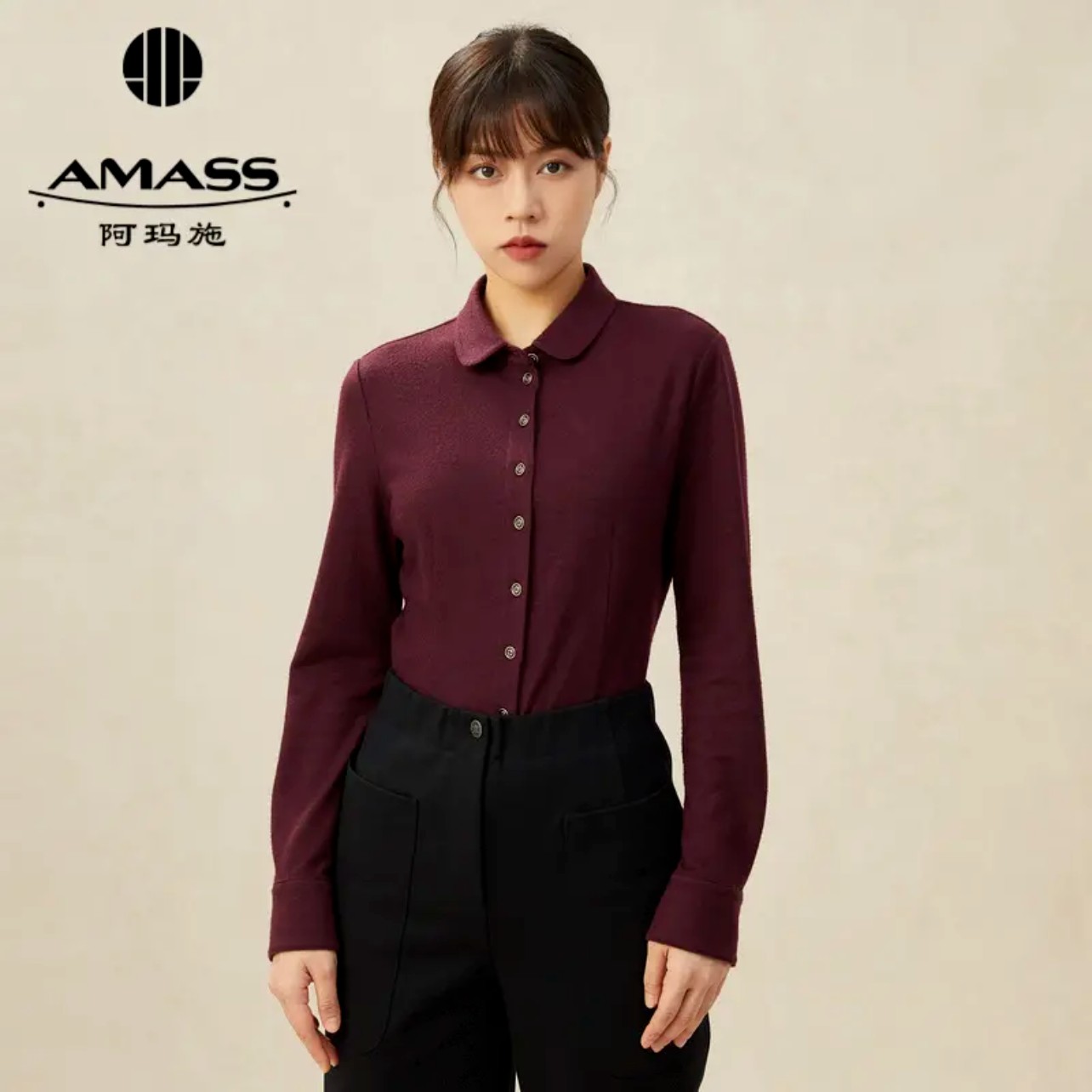 AMASS/阿玛施 修身绵羊毛衬针织红色打底翻领秋冬纯色衫5300528