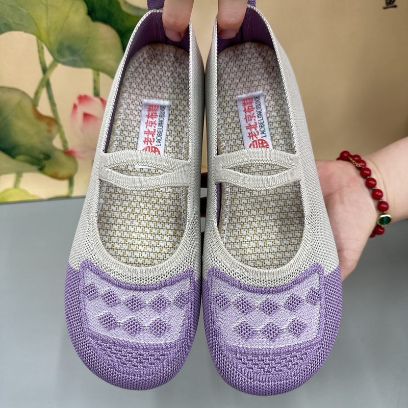 夏季老北京布鞋女飞织透气网面镂空豆豆鞋软底防滑平底舒适妈妈鞋