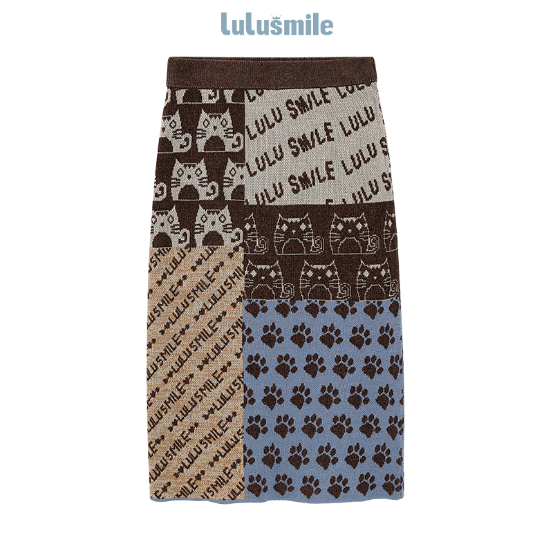 smile复古气质撞色可爱图案中长款半身裙包臀裙女装半身裙