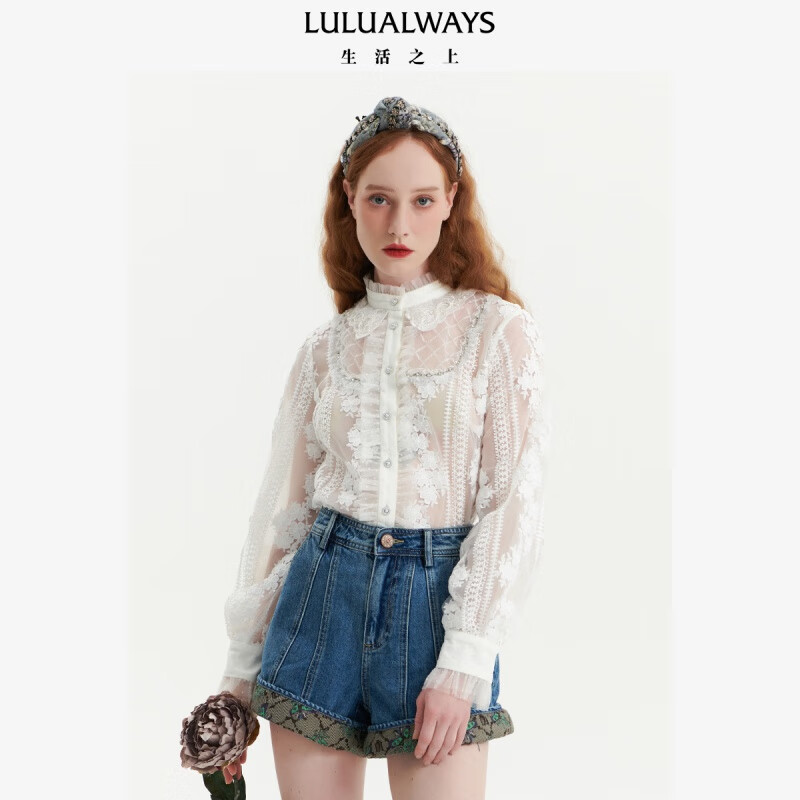 【高高甄选】LULUALWAYS 春 新款甜美公主风花朵蕾丝白色衬衫