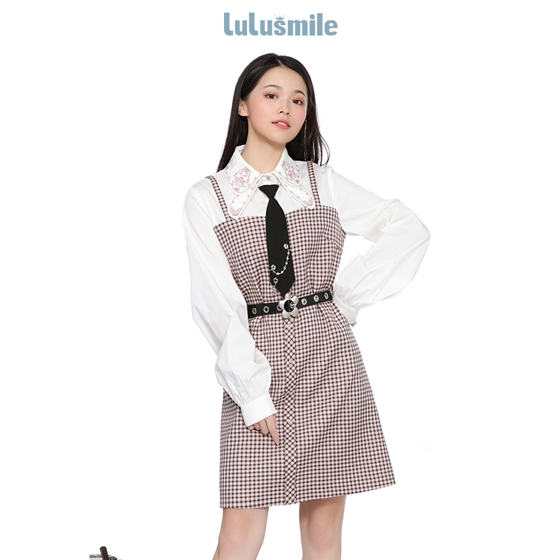 lulusmile复古拼接格子拼接宽松衬衫连衣裙