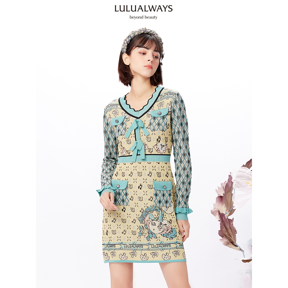 【高高甄选】LULUALWAYS秋季法式口袋撞色针织连衣裙LNA0026