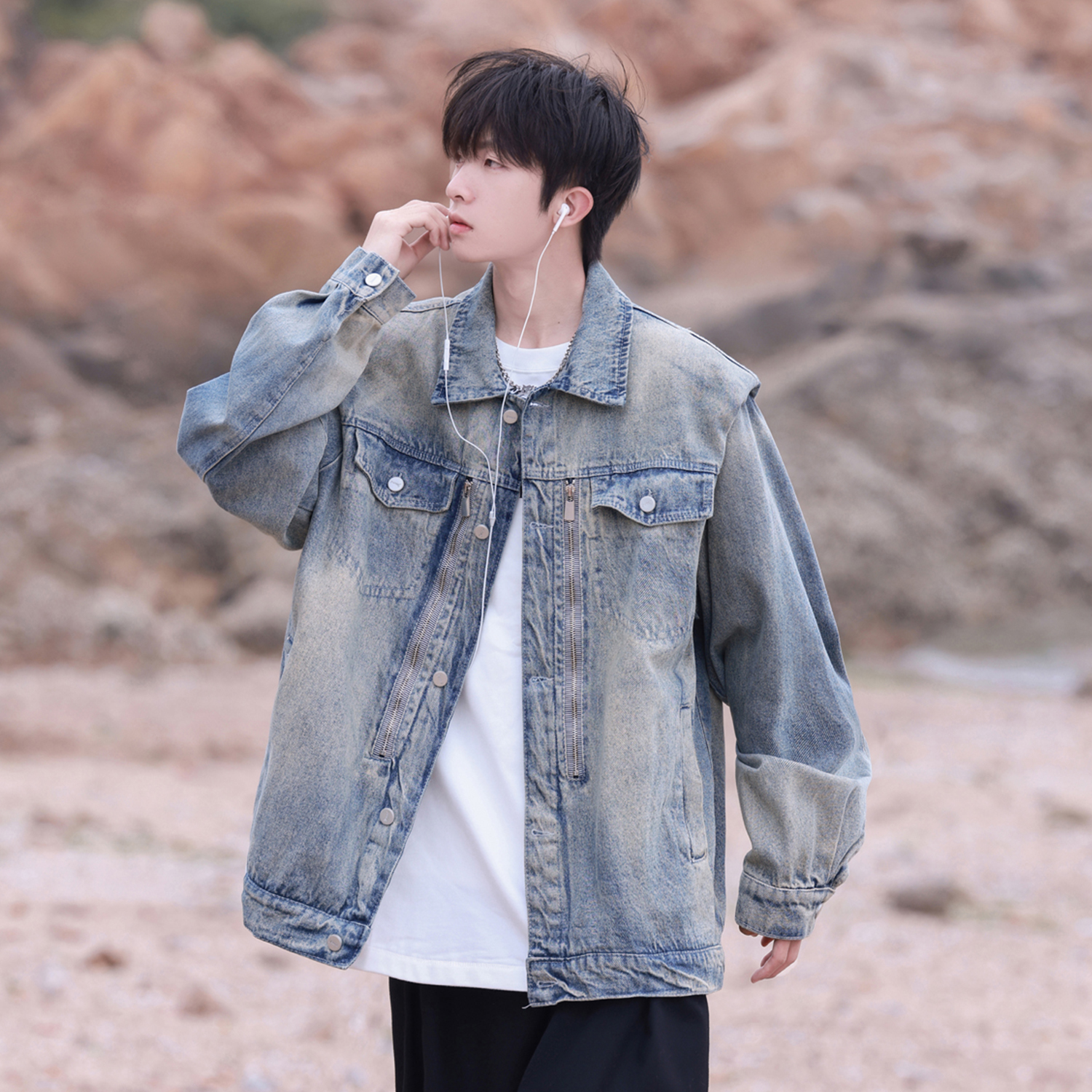 美式复古重工艺垫肩牛仔外套男春秋季潮牌高级感痞帅宽松休闲夹克