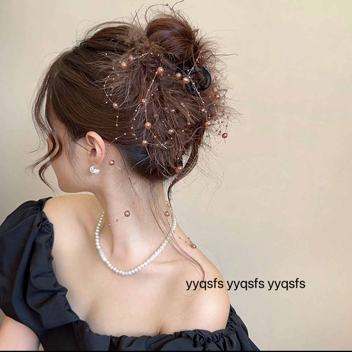 时尚加长泡泡珠流苏高级感仙气轻奢羽毛盘发鲨鱼夹