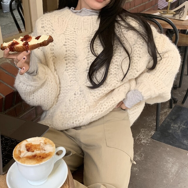 【金恩慧欧尼Hi mood】粗线圆领套头宽松针织毛衣