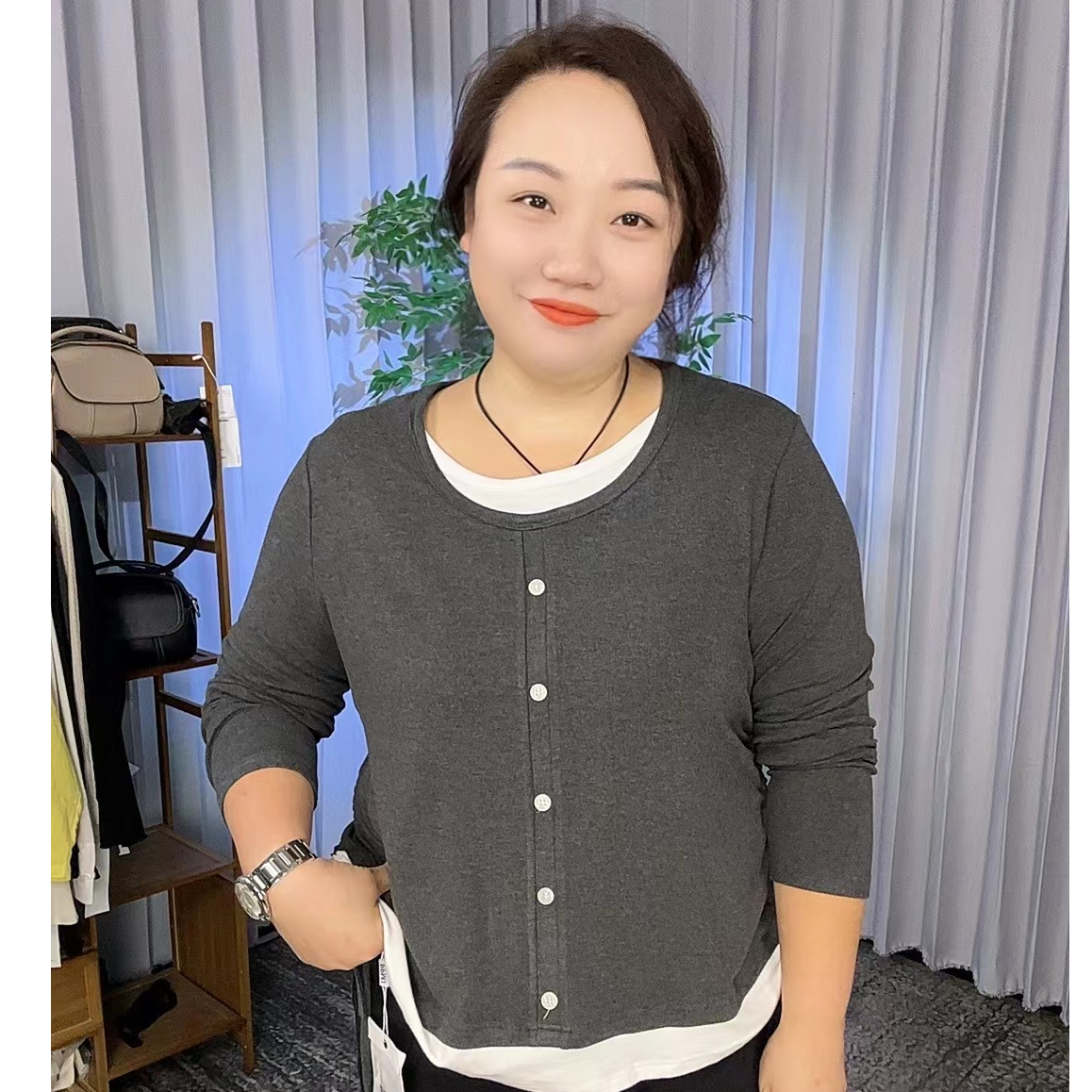 抽绳假两件内搭小衫时尚上衣5503