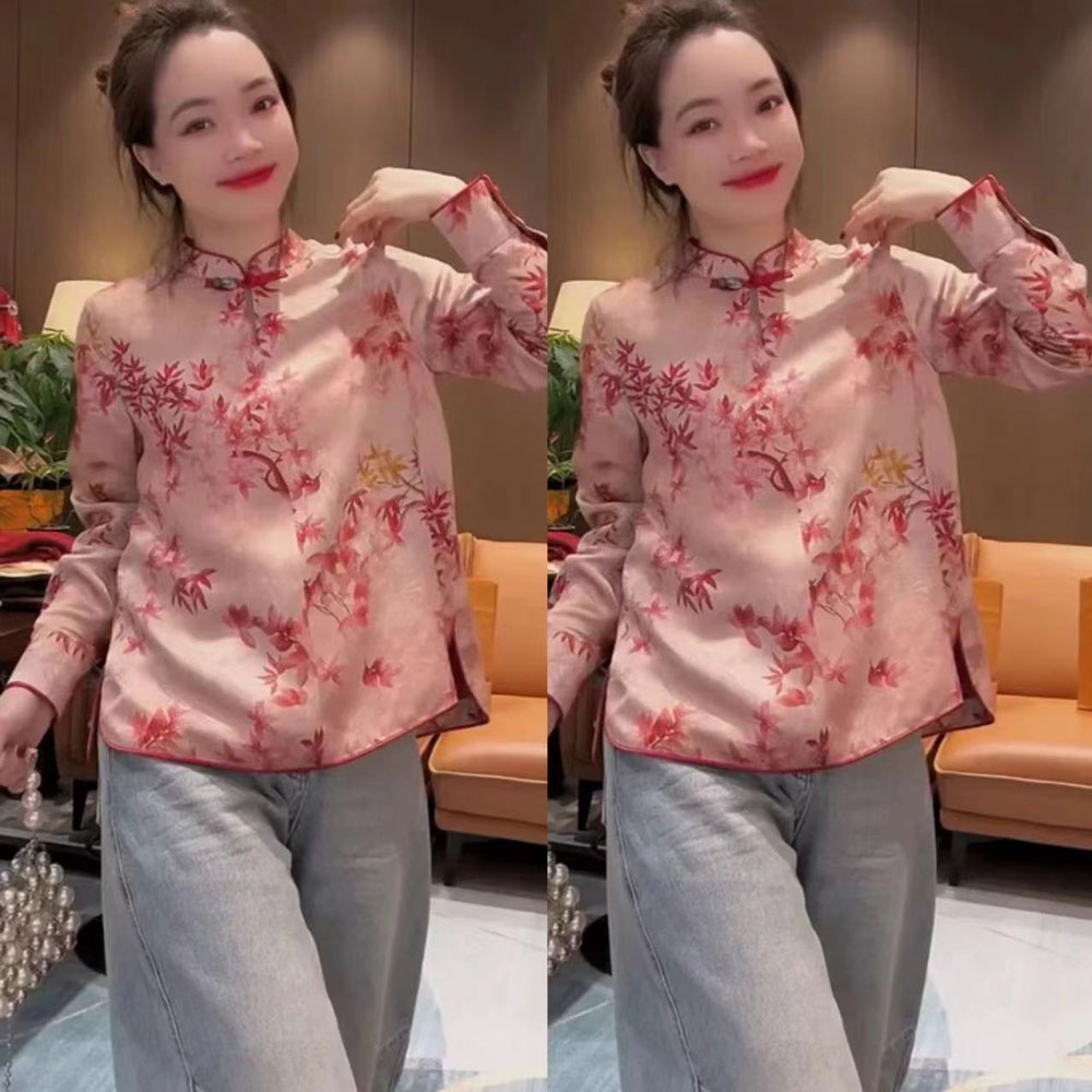 新中式国风斜领盘扣印花盘扣衬衫女2024年冬季新款气质缎面上衣潮