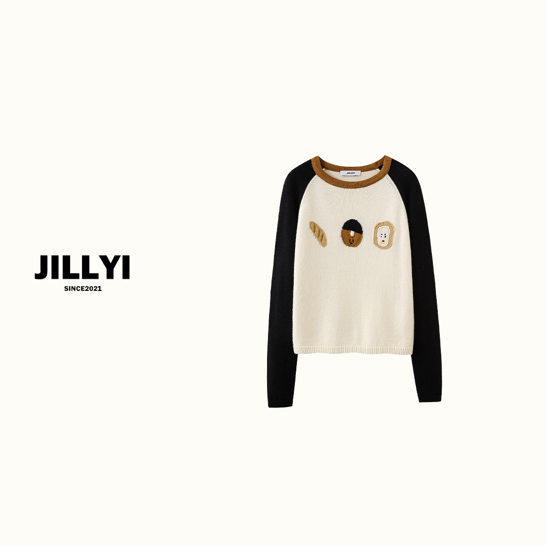 JILLYI南山店【曲奇饼干】撞色拼接饼干图案针织衫长袖时尚百搭圆领