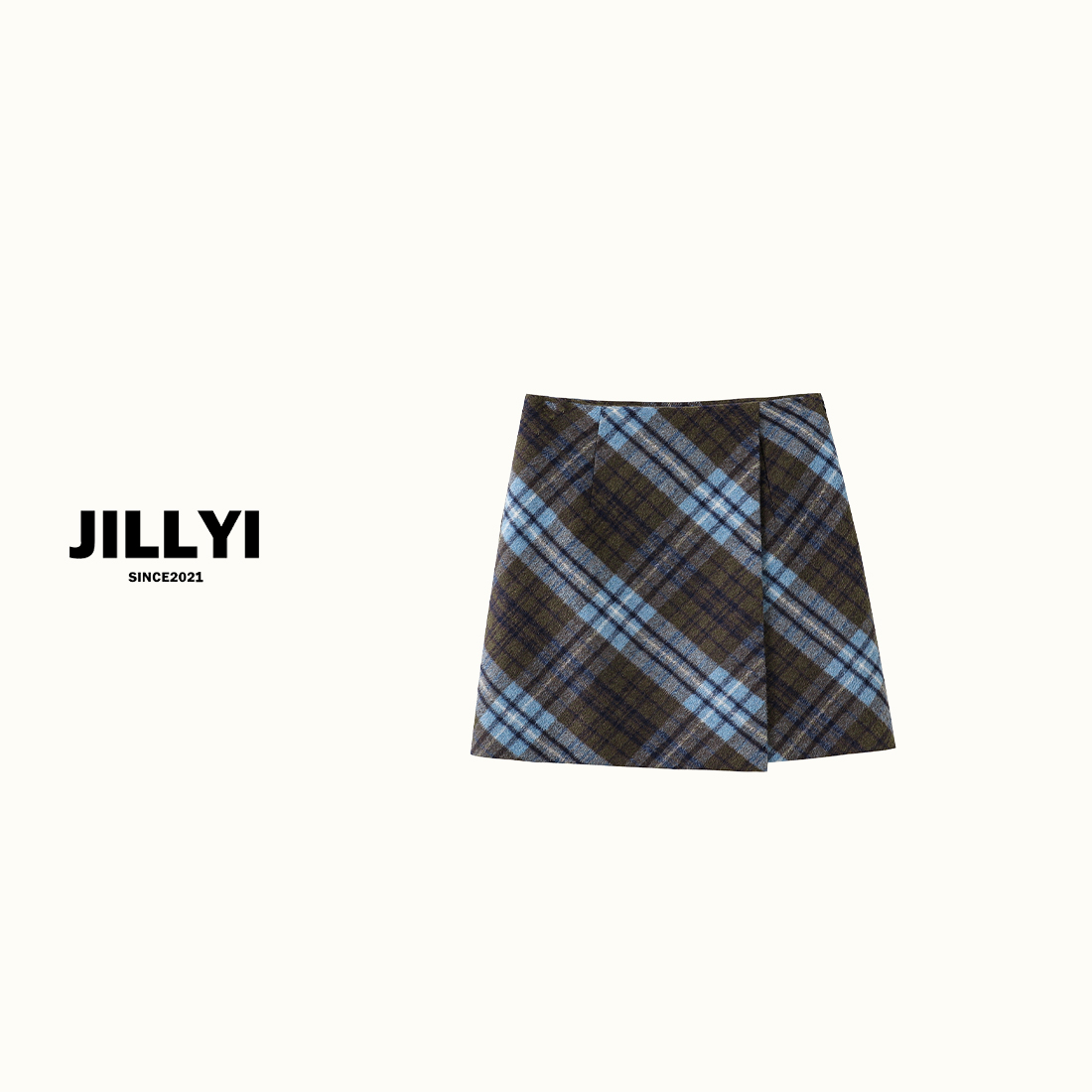 JILLYI南山店【薄荷半裙】蓝褐色拼接高腰时尚几何格子复古半身裙