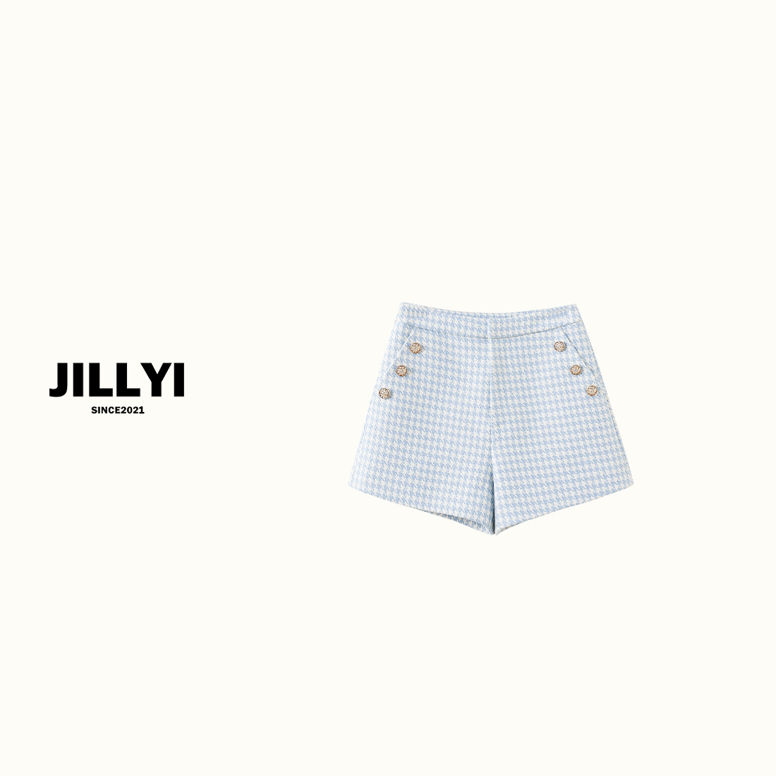 jillyi【海盐甜心】蓝白格子腰间口袋金色扣休闲时尚短裤